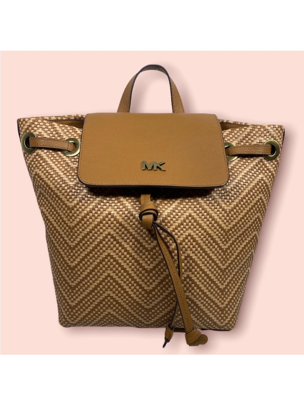 Michael Kors Tan Woven Chevron Drawstring Flap Backpack